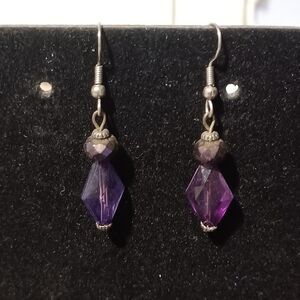 Vintage Silver-Toned Purple-Beaded Dangle Earrings